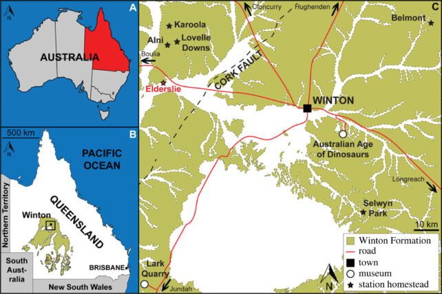 澳大利亚地图、昆士兰地图和温顿地区地图，显示了温顿组露头的范围、埃尔德斯利站的位置以及该地区收集蜥脚类动物化石的许多其他存货站和地点。